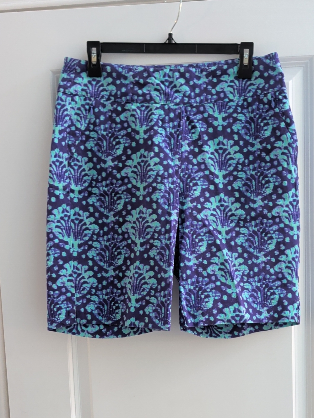 Soft Surroundings Purple and Teal Patterned Bike Shorts